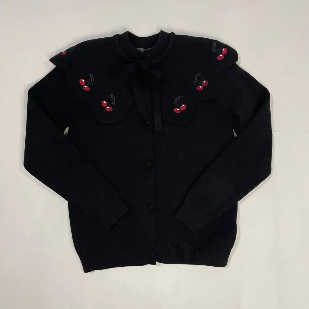 Girls Black Cardigan Sweater with Cherry Peter Pan Collar Tie Neck Size 12‎